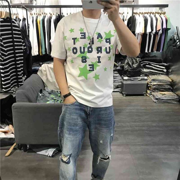 

2021 summer new men's short sleeve t-shirt letter star back print loose trend half sleeve couple, White;black