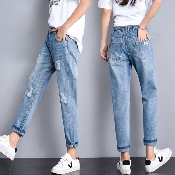 

2021 summer torn female jeans loose waist high ankle straight length harem pants lqxlsa 2080, Blue