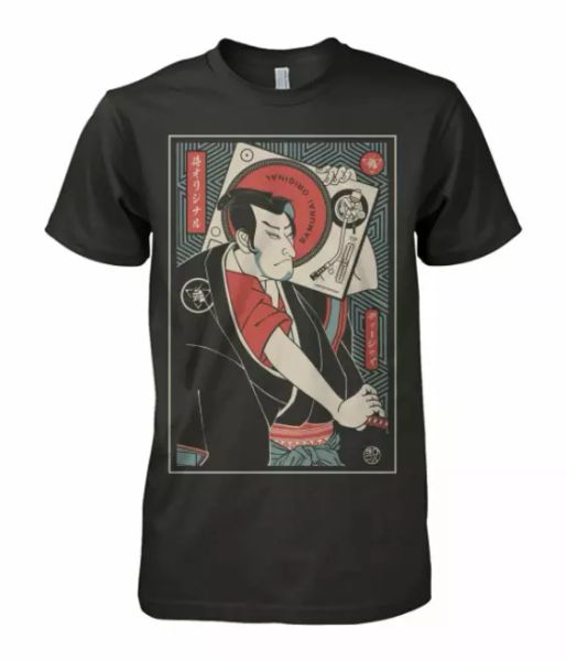 

r1 samurai original dj funny black t-shirt, White;black