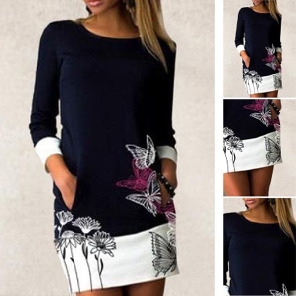 

casual dresses floral print patchwork women dress long sleeve straight female autumn vintage ladies clothing vestidos de fiesta, Black;gray
