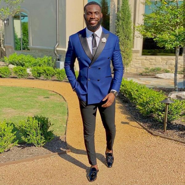 

men's suits & blazers 2 pcs royal blue groom tuxedos slim fit double breasted men for wedding prom custom male fashion costumes jacket+, White;black