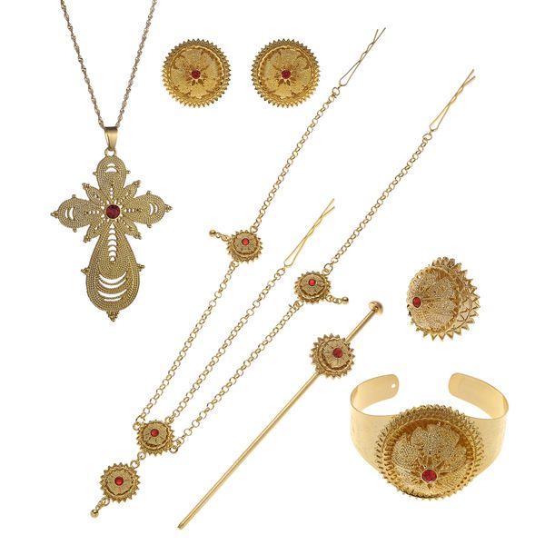 

ethiopian cross jewelry sets cubic zirconia necklace earrings bracelet habesha eritrea wedding african flower bridal jewelry, Slivery;golden