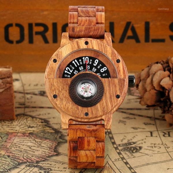 

wristwatches unique compass design men's watch half dial natural wooden quartz wristwatch luxury creative full wrist male watches, Slivery;brown