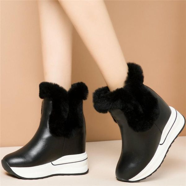 

boots winter warm fur fashion sneakers women genuine leather wedges high heel ankle female platform pumps shoes, Black
