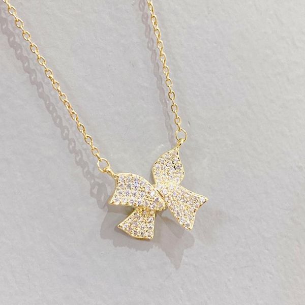 

chains botu 2021 creative bow pendant necklace micro-inlaid zircon personality temperament jewelry for women, Silver