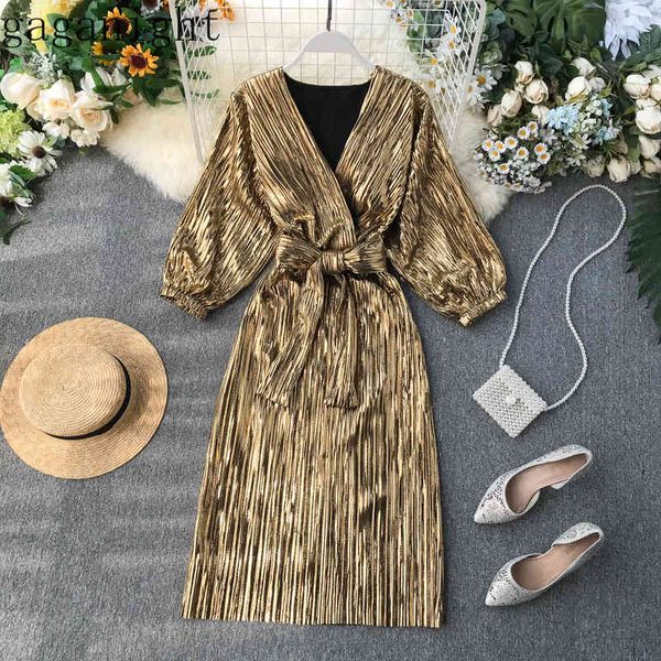 

gaganight bling women maxi party dress long sleeves v neck spring autumn solid dresses female sash fashion vintage korean 210519, Black;gray