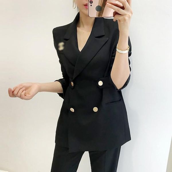 

women's black suit jacket double breasted blazer coat fashion slim long sleeve elegant work office lady spring autumn 2021 suits & blaz, White;black