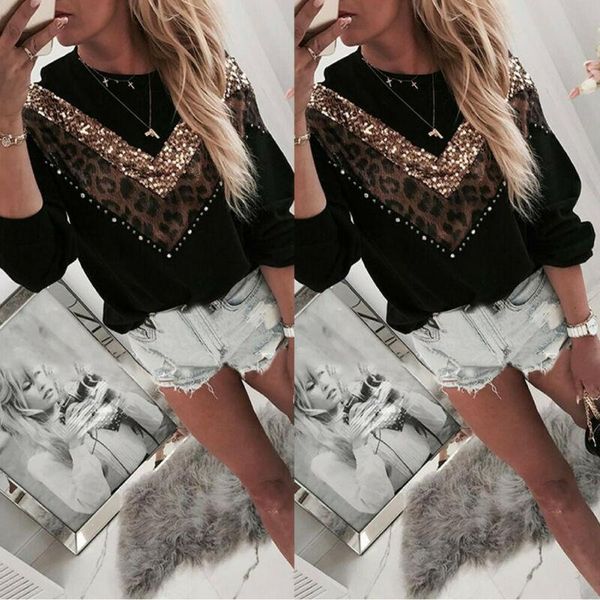 

women's blouses & shirts 1pc autumn leopard print long sleeve t shirt women geometric patchwork turtleneck chiffon clothes for tee o-ne, White