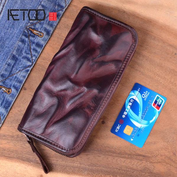 

wallets aetoo vintage genuine leather long wallet clutch bag men zipper fold retro handmade vegetable tanned cowhide organizer, Red;black