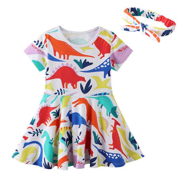 

jumping meters summer cotton baby girls dresses with dinosaurs print pockets children's party dress costume 210529, Red;yellow