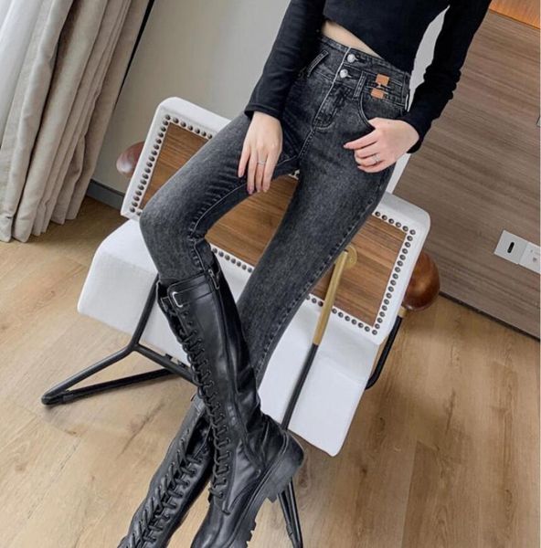 

women's jeans women stretchy high waist 2 buttons skinny denim street pants, Blue