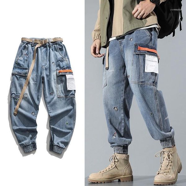 

fashion autumn cargo jeans men's casual loose beam foot wash embroidered harem pants1, Blue