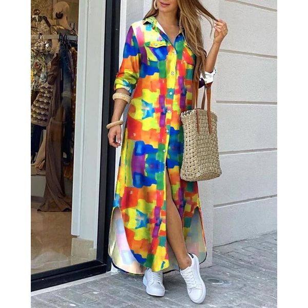 

casual dresses tie dye maxi dress woman long sleeve party for women 2021 autumn ankle length button shirt robe femme, Black;gray
