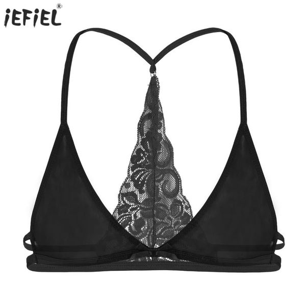 

bras sissy men bra lingerie see through sheer lace triangle bralette wire-y-shape back exotic mens tanks top, Red;black