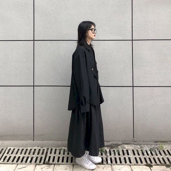 

2021 irregular button up shirt design dark bla new harajuku vintage long sleeve blouse women clothes goth korean fashion, Black