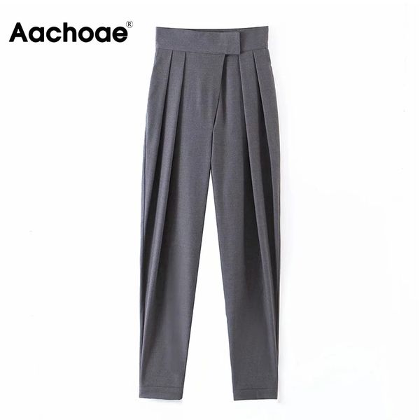 

aachoae stylish solid woolen pants women high waist loose pleated trousers female streetwear long gray pants ladies bottoms 210413, Black;white