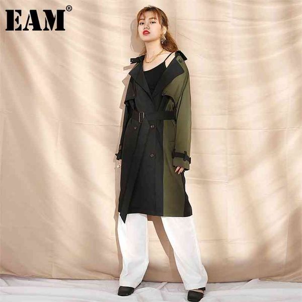 

[eam] women black contrast color trench lapel long sleeve loose fit windbreaker fashion autumn winter 19b-a373-06 210914, Tan;black