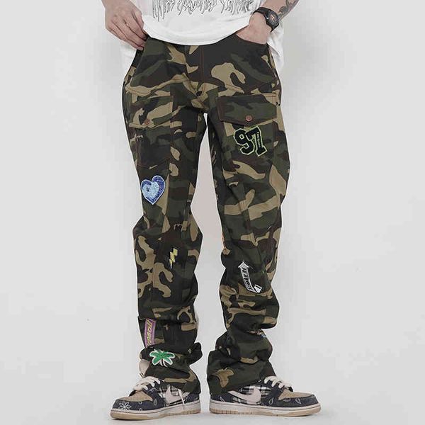 

graffiti camouflage cargo pants mens high street straight pockets casual overalls loose oversize trousers, Black