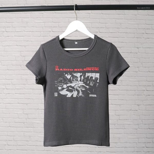 

women's t-shirt vintage classic ribbed t shirt women 2021 summer letter graphic short sleeve cotton femme casual streetwear chic, White