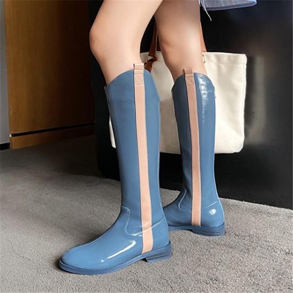 

boots pxelena 2021 autumn winter low heels knee high patent leather back zip western cowboy riding knight motorcycle biker, Black