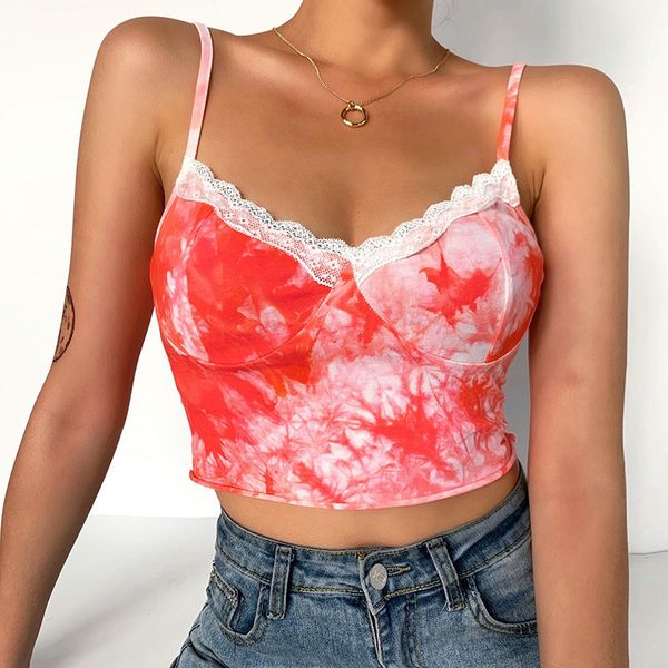 

summer tie-dye spaghetti strap v-neck with lace red camis aesthetics backless party streetwear 210518, White