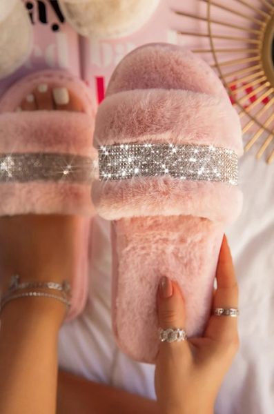 

slippers shiny rhinestone women luxury fur flat indoor cozy furry slides solid crystal designer home shoes ladies female winter, Black