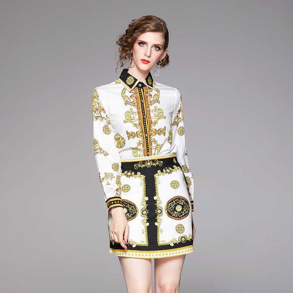 

nrj-5f-512-a-8102 runway suits spring women long sleeve retro print blouse + casual mini skirt two pieces set 210706, White