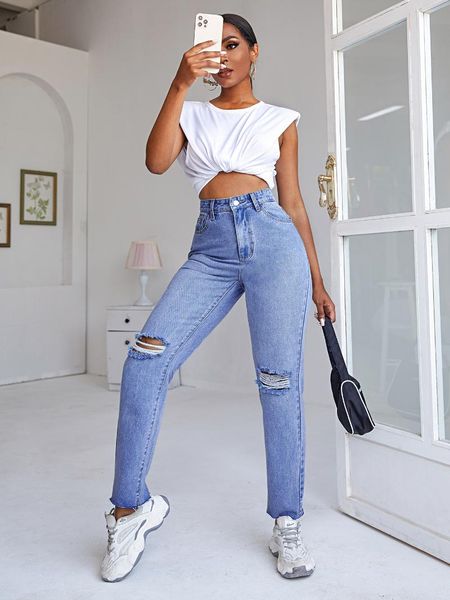

women's jeans womens ripped wide leg for women high waist blue wash casual cotton denim hole trousers baggy jean harajuku straight pant