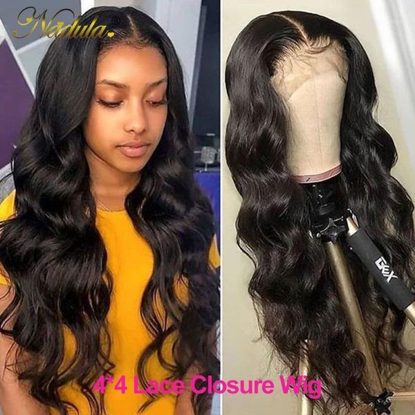 

nadula hair 4*4 lace closure wigs body wave front human malaysian remy wig pre plucked with baby1, Black;brown