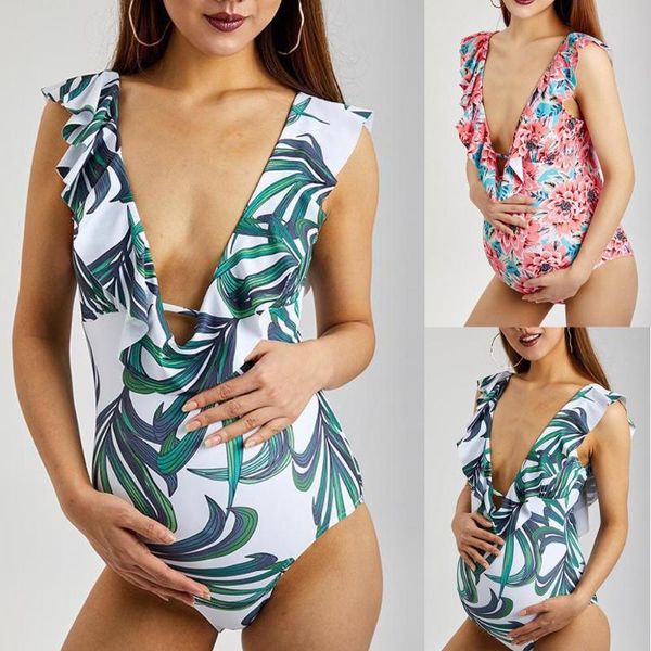 

pregnant women swimwear printed leaves stitching lotus leaf sleeves conjoined ladies one-piece suits