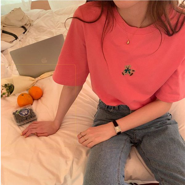 

5colors summer korean style cartoon bear embroidery short sleeve crop for womens tshirts womens tee shirt femme (x1891) 210423, White