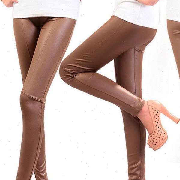 keep slim shiny leggins women legging imitation leather spliced pencil pants nine stretchy fitness mujer, Black