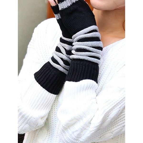 

five fingers gloves winter knitted fingerless stitching striped warm long autumn wrist arm hand warmer, Blue;gray