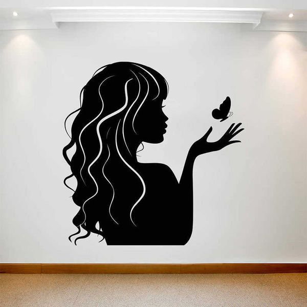 Beleza salão adesivo de parede menina borboleta cabelo cabeleireiro loja sinal janela decor decoração decalques de vinil decalques removíveis transferir mural A452 210615