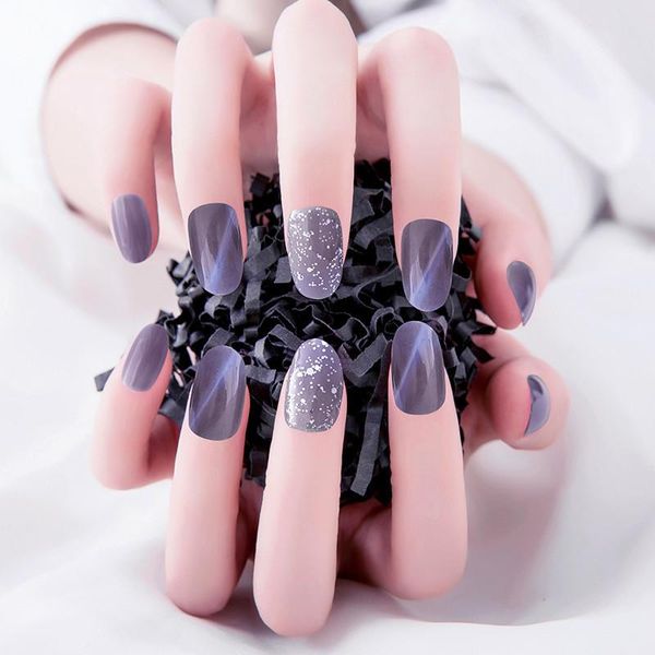 

false nails fake blue and gray cat eyes medium long nail stickers finished 24 pcs with glue, Red;gold