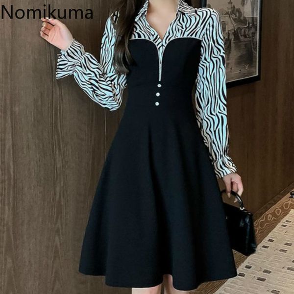 

nomikuma contrast color patchwork dress women robe femme turn down collar long sleeve dresses autumn fashion slim waist 3d413 210514, Black;gray
