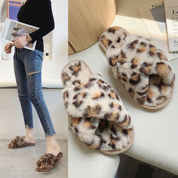 

slippers classics fashion leopard fluffy fur women open toe outside shallow ladies slides flat with winter shoes, Black
