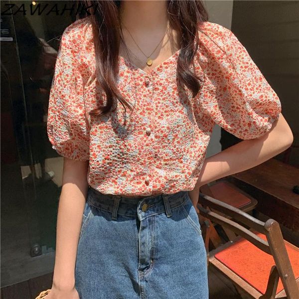 

women's blouses & shirts zawahiki korea vintage romantic print shirt women summer v neck single breasted puff short sleeve loose tende, White