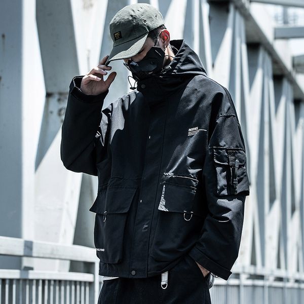 

Men's Jackets Letter Black Multi-pocket Hip Hop Cargo Coats Streetwear Cardigan Zipper Casual Techwear Hooded Men Outerwear Top X38B, Black;brown