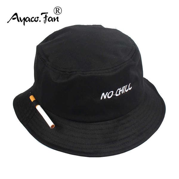 2021 Сплошные черные мужчины женщины ведро шляпа сигарета вышивка не холодный хип хмель рыболовная шапка взрослый унисекс Панама Боб шляпа плоский Sunhat Q0805
