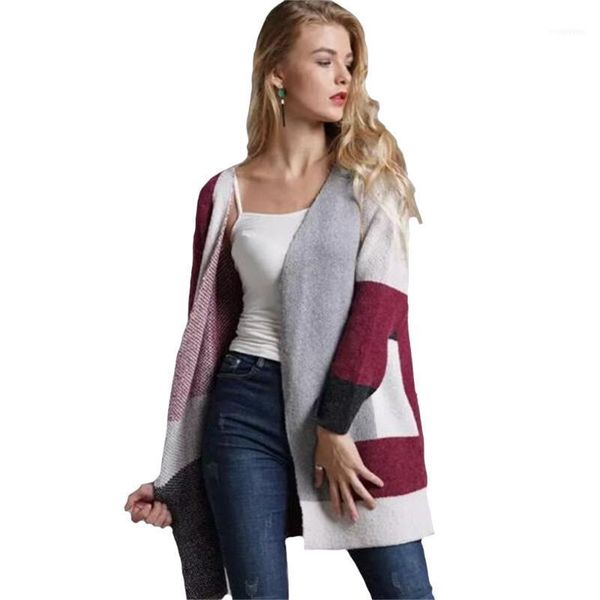 

women's knit cardigan plaid contrast color stitching long sleeve loose sweater autumn and winter coat1, White