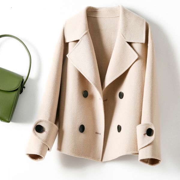 

women's jackets cashmere dual face women autumn 2021 elegant mode short woolen jacket hand made loose, Black;brown
