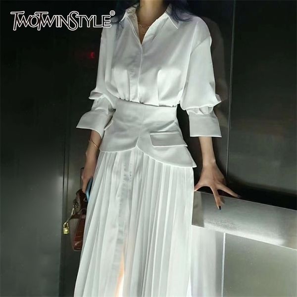 

elegant pleated dress for women lapel long sleeve high waist maxi dresses female fashion clothing spring 210520, Black;gray