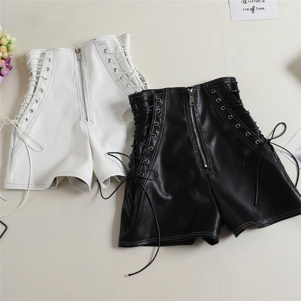 

women's shorts 2021 autumn women pu tie high waist female casual black ladies all match wide leg short pants ab1170, White;black
