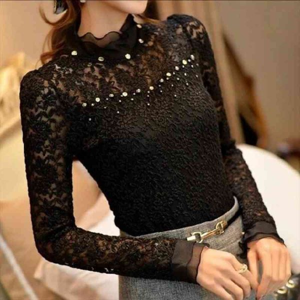 

spring autumn women crochet blouse femininas ruffled neck lace sheer shirts vestidos blusas plus size 5xl, White