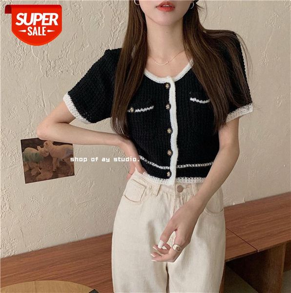 

temperament contrast color short-sleeved sweater coat cardigan women's thin korean loose button round neck short #l21r, Black;gray