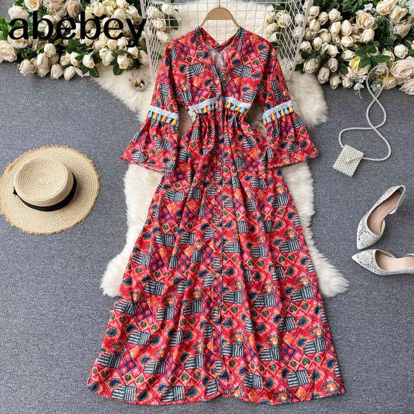 

women retro print dress v neck long sleeve single breasted a-line es spring bohemian casual vacation 210512, Black;gray