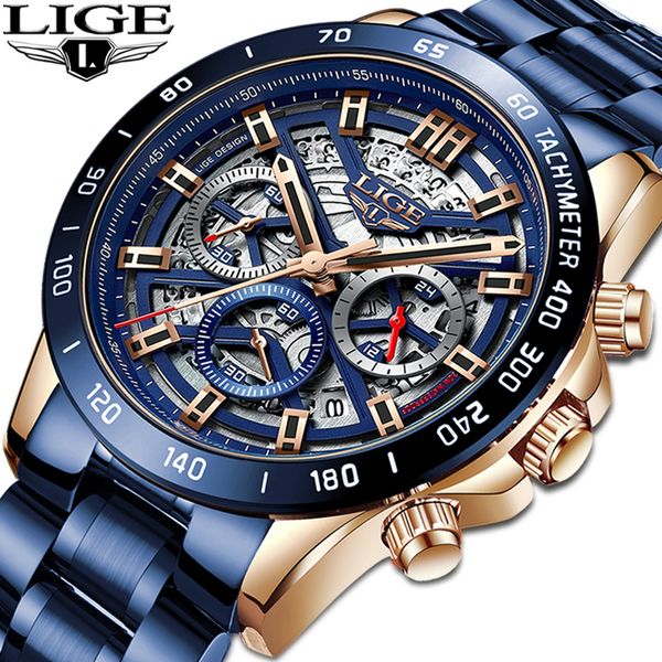 

lige 2021 new fashion mens watches with stainless steel brand luxury sports chronograph quartz watch men relogio masculino, Silver