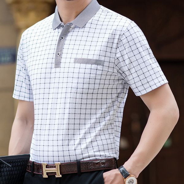 

men's polo shirt 2021 summer plaid t- middle aged lapel versatile half sleeve top, White;black