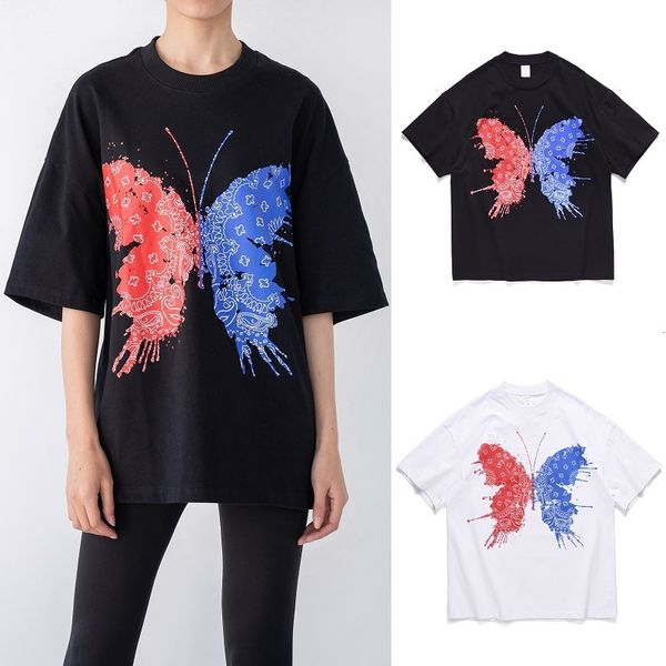 

street kanye high same ink splashing butterfly printing loose fashion couple short sleeve t-shirt for men and women, White;black
